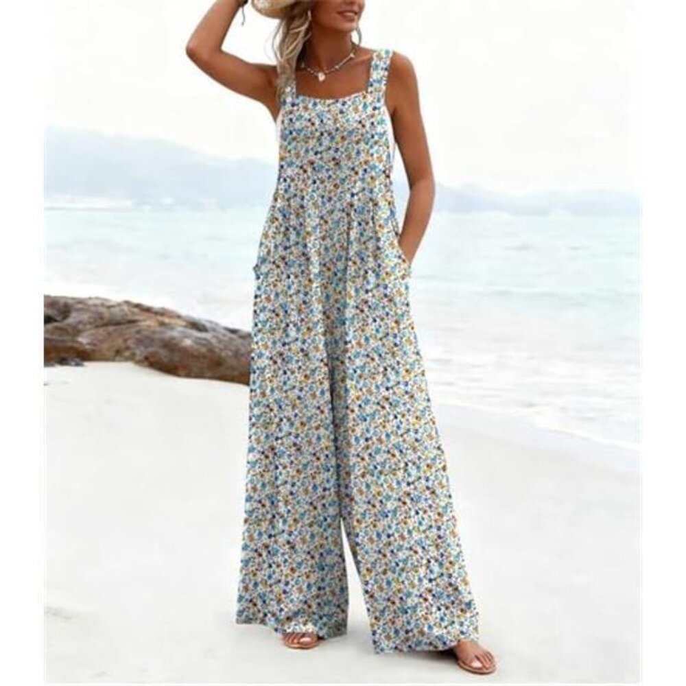 Women's Casual Overalls Loose Wide Leg Jumpsuit Summer Boho Baggy Romper - Picture 2 of 6